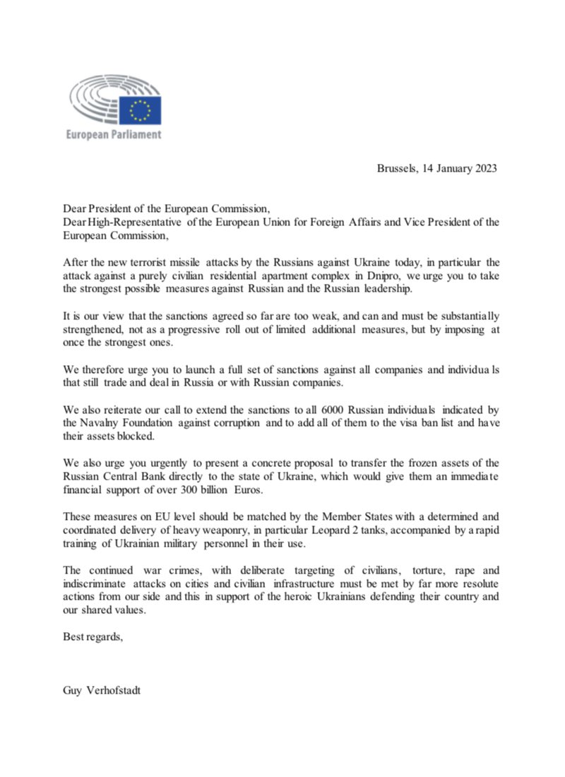 This new terrorist act of Russia must have consequences… I am mobilising a maximum of MEP’s to put pressure on @vonderleyen and @JosepBorrellF to finally launch the full set of sanctions #dnipro. Read the text here 👇 and ask your MEP to sign !