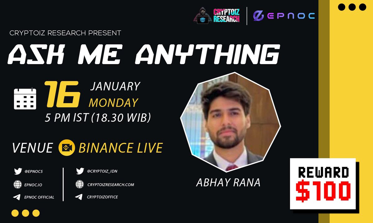 cryptoiz_IDN's tweet photo. 📍 We''re gonna live on @binance with @Epnoc5 
 
⏰ Date : Jan 16th | 5PM IST (18.30 WIB)
💰Reward : $100
📡 https://t.co/87UByTShlP

〽️Rules:
1️⃣ Follow  @Epnoc5 and @cryptoiz_IDN 
2️⃣ Like &amp; RT
3️⃣ Comment Your Question Max 3 

#AMA #GIVEAWAY #ZONAUANG https://t.co/H3dg4dnswR