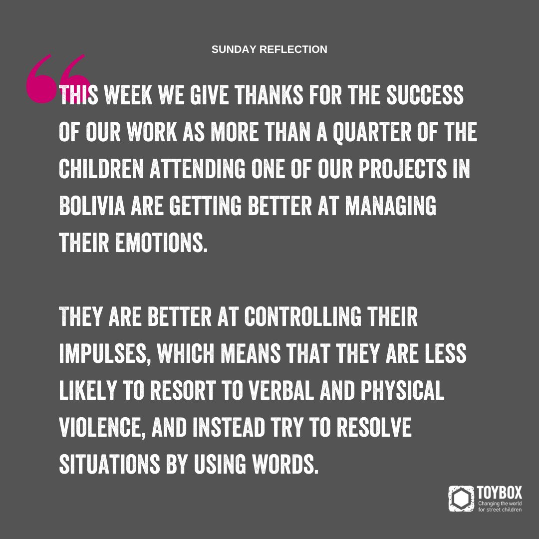 toyboxcharity's tweet image. #SundayReflection for 15th January ✨

This week we give thanks for the success of our work as more than a quarter of the children attending one of our projects in Bolivia are getting better at managing their emotions.

Download our Winter #PrayerGuide: pulse.ly/dv3wsw00f2