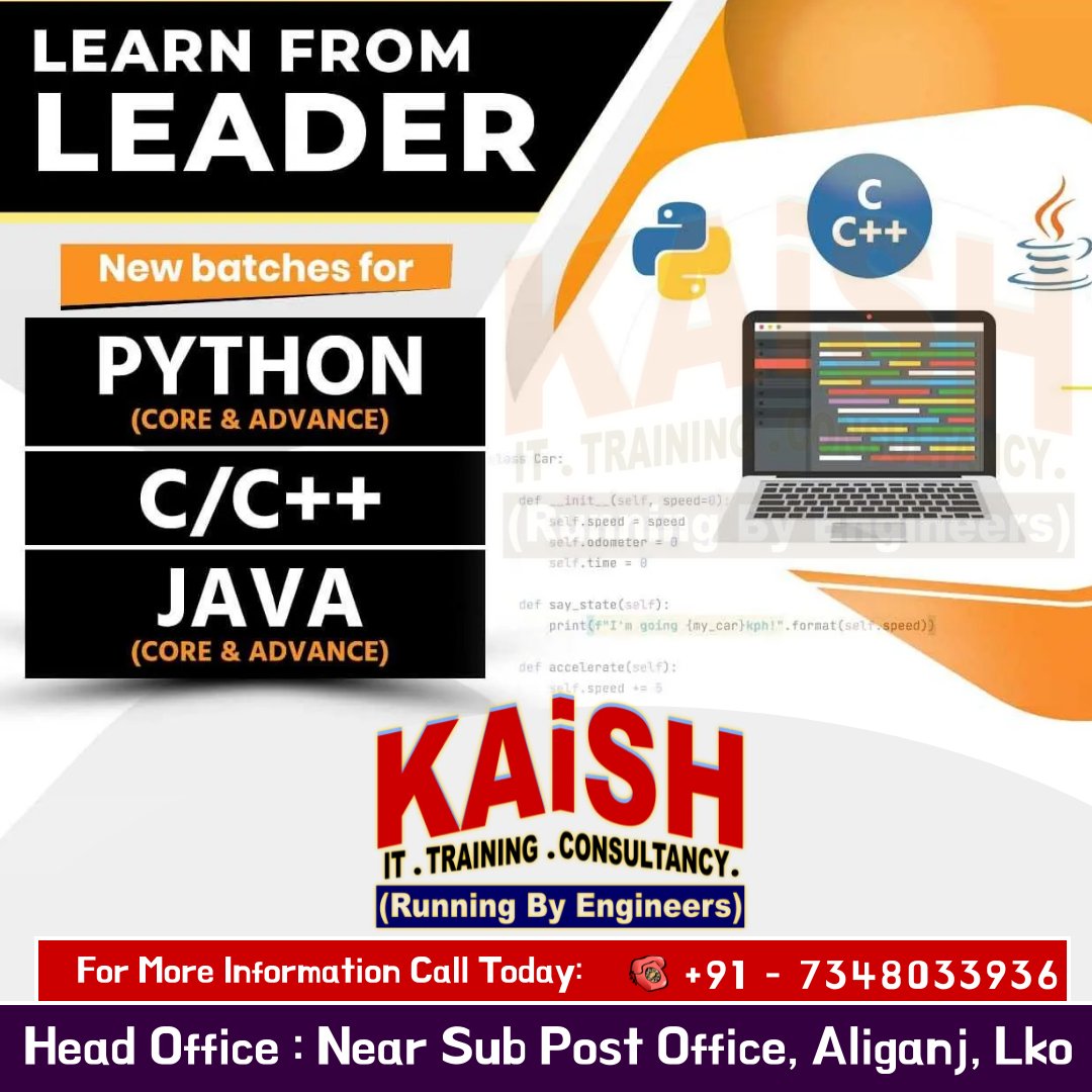 Kaishclasses's tweet photo. Learn From Leader Of Training
#ErKamleshSir at #KAiSH
#Python #C, #C++, #Java, #HTML, #CSS, #CSS3,#Javascript, #AngularJs, #PHP, #SQL, #MangoDB, #NodeJS #JoinNow #BTech #Training #Placement https://t.co/usUA18Y8iV