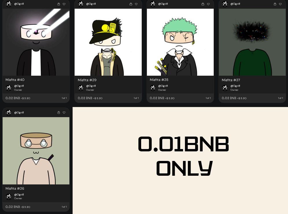 Hi everyone since things have been really though lately I want to shill this 5 Misfits series for only 0.01bnb. Send me an offer if interested. I also put up some of my collected on the market (can check my collected for more info or dm me). Help me by rt and liking this tweet tq