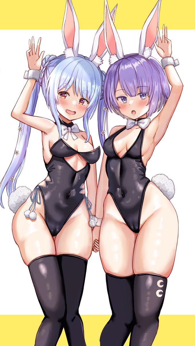 2girls animal ear fluff animal ears arm up armpits black leotard blue hair  illustration images