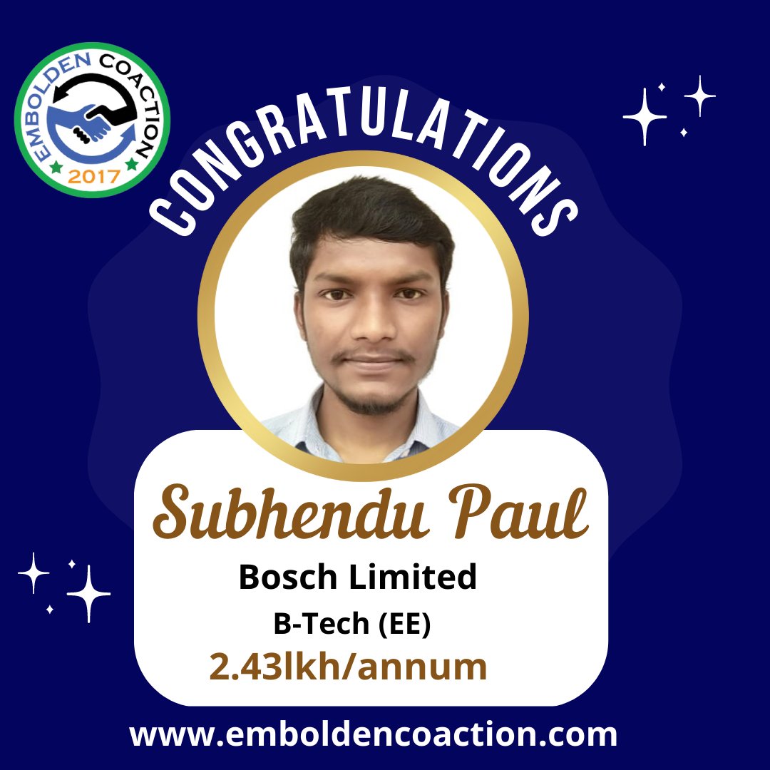 Congatulations Subhendu Paul
#Congratulations #placementservices #emboldencoaction #btechjobs #Btechplacement #diplomajobs #diplomaplacemnt
#placemnet2023