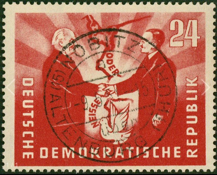 ChanasitJonas's tweet photo. GDR 1951 : German-Polish friendship, 24 Pfennig with plate flaw I , nearly perfect handstamped #Nobitz #Altenburg. Do you see the plate flaw ? #philately #DDR https://t.co/2KdxVup8RB