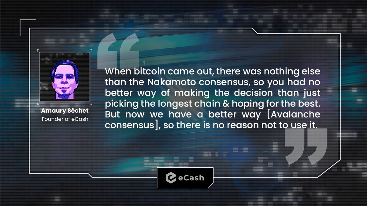 eCash's tweet photo. 💡 Did you know? eCash uses Nakamoto consensus with PoW as its foundation &amp; Avalanche consensus with PoS for performance &amp; security. ⚡️🛡

#eCash founder @deadalnix explains how Avalanche consensus complements eCash's existing Nakamoto consensus. 👇

🎬 https://t.co/JxWNMCnAIX https://t.co/6uY2qFw1Mf