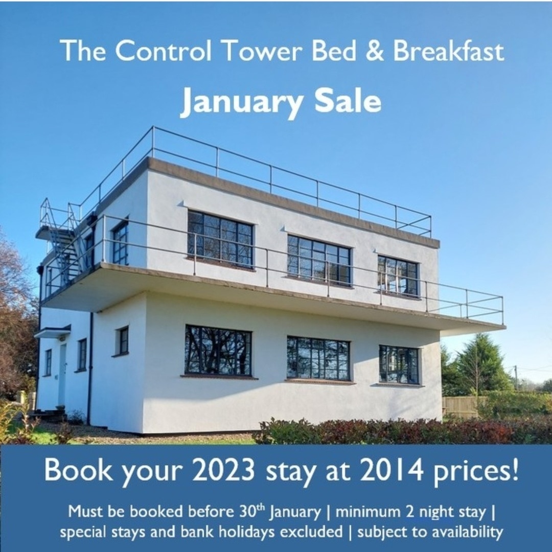 Our best ever #JanuarySale ends at 5pm today.

Book your 2023 stay at 2014 prices!

Quote CTHQ2014 to qualify for the sale price and T&Cs.

We hope we get to welcome you to The Control Tower B&B. 

Claire & Nigel x
mail@controltowerstays.com

#SaleEnding #2023getaway #AvGeek