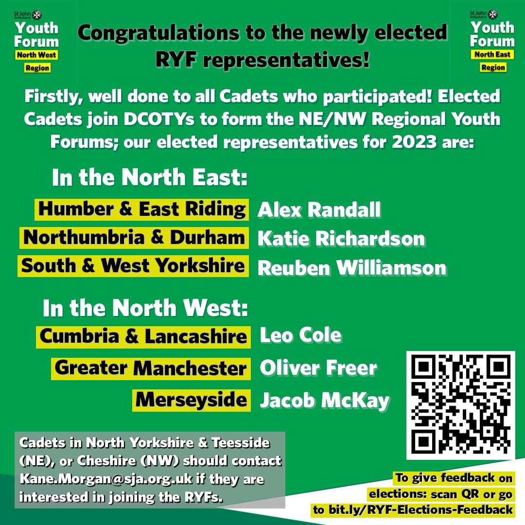 The NE &amp; NW Regional Youth Forums can announce their elected representatives for 2023!

Thank you to everyone who got involved 💚 Why not try it yourself next year? 👀

Spaces still open in Cheshire &amp; NY&amp;T!

To feedback on elections, go to bit.ly/RYF-Elections-…

#Cadets #RYF