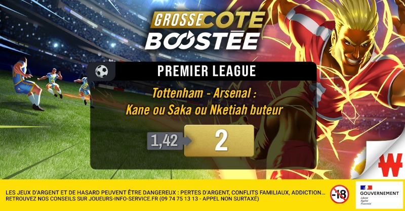 WinamaxSport's tweet photo. Il ne faut pas bider dans le derby ! ⚽️

Kane ou Saka ou Nketiah marque, c'est #LaGrosseCoteBoostée pour Tottenham - Arsenal : 1,42 → 2 ! 🚀