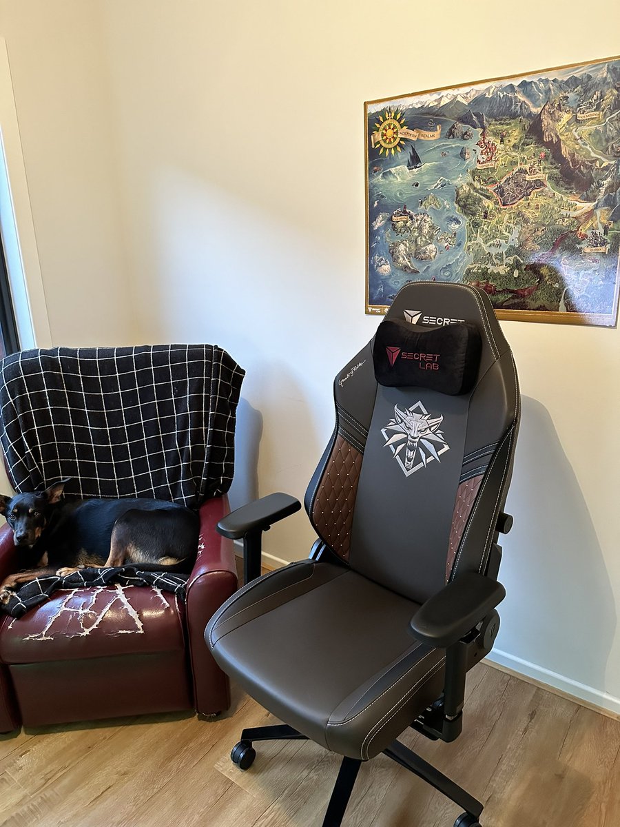 My best recent purchase is a #Secretlab chair with Witcher theme, they even included the map and couple Gwens cards. Kelpie for scale
