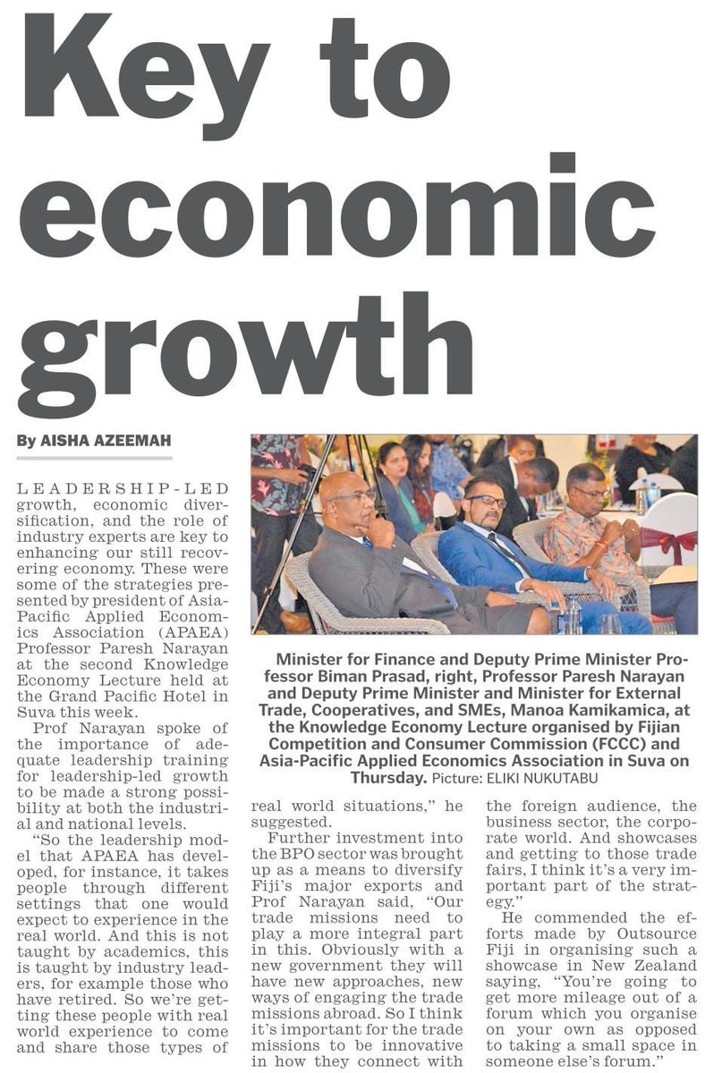 APAEAofficial's tweet photo. Newspaper coverage of the recently held "The Knowledge Economy Public Lecture Part 2" held on the 12th of January 2023, at the Grand Pacific Hotel from 2-5 pm.

The event was hosted by @ConsumerFiji (FCCC), in partnership with the @APAEAofficial.

#FijiGovernment #APAEA #FCCC https://t.co/FiS3mzXIaS