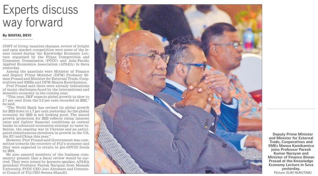 APAEAofficial's tweet photo. Newspaper coverage of the recently held "The Knowledge Economy Public Lecture Part 2" held on the 12th of January 2023, at the Grand Pacific Hotel from 2-5 pm.

The event was hosted by @ConsumerFiji (FCCC), in partnership with the @APAEAofficial.

#FijiGovernment #APAEA #FCCC https://t.co/FiS3mzXIaS