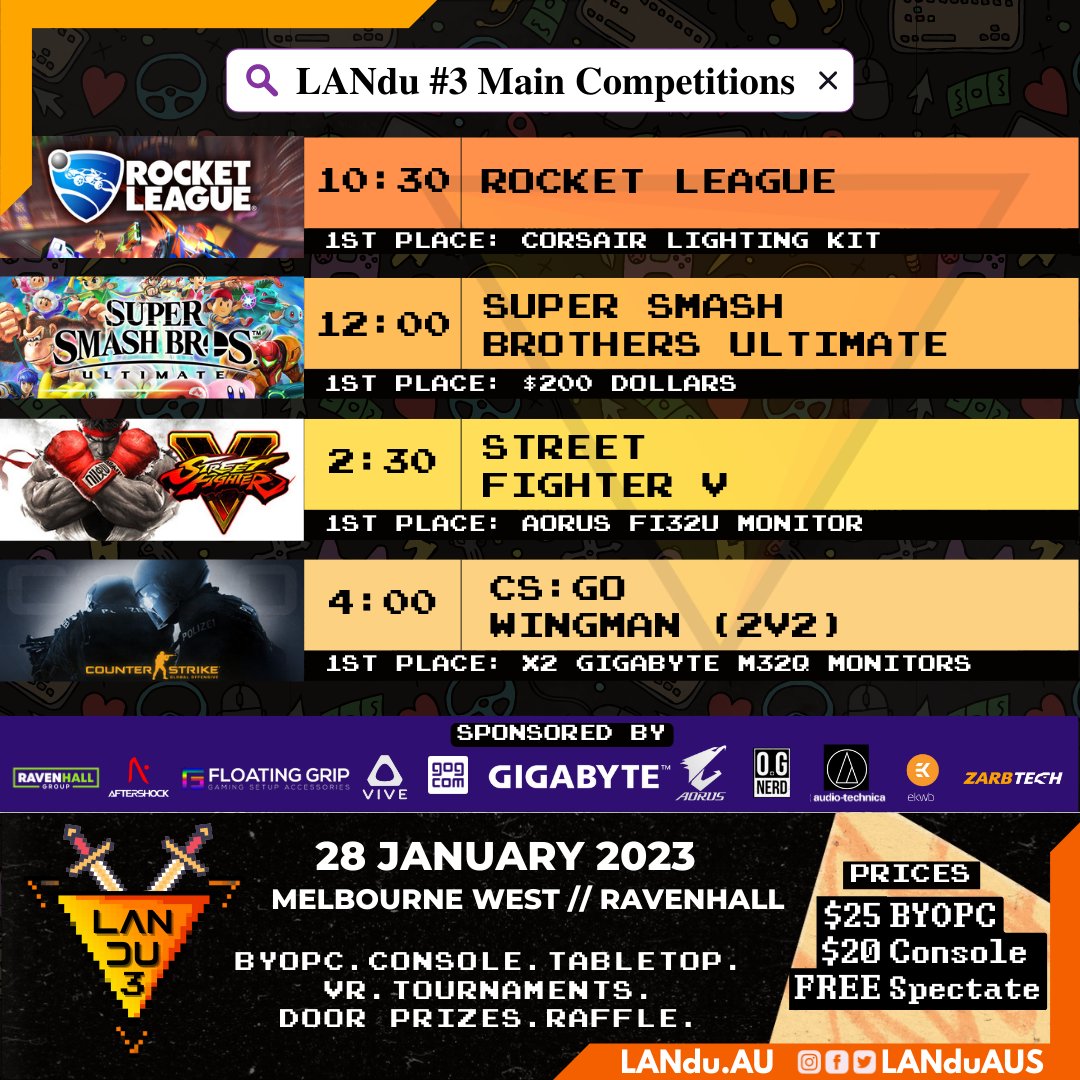 LANduAU's tweet photo. LANdu #3 Main Competitions. Get Stoked! 🔥🔥🔥
#LANdu #LANdu3 #melbournegamers #lanparty #Melbourne https://t.co/AF9wxV5YnM