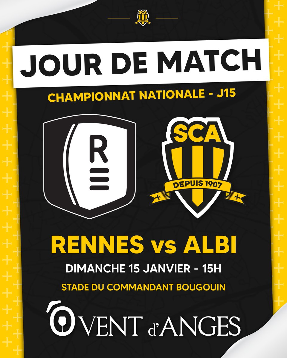 SCA_OFFICIEL's tweet photo. 𝗝𝗢𝗨𝗥 𝗗𝗘 𝗠𝗔𝗧𝗖𝗛 🔥
Premier match de 2023 pour nos Jaune & Noir ! Coup d'envoi à 15H sur le terrain de Rennes 🔝
#RECSCA https://t.co/Ob05G3lMEa