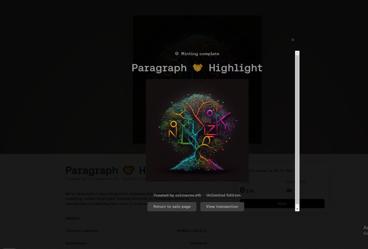 🧐 Free Mint NFT Paragraph &amp; Highlight

💵 Truy cập: mint.highlight.xyz/63be385a3de4fc… Connect ví Metamask và chọn Mint

💡 Backer của 2 em này thuộc dạng khủng bao gồm: Binance, Coinbase,... và phí gas khi Mint rơi vào khoảng 0.003 ETH ~ 4.5$ nên anh em cân nhắc khi chơi nhé