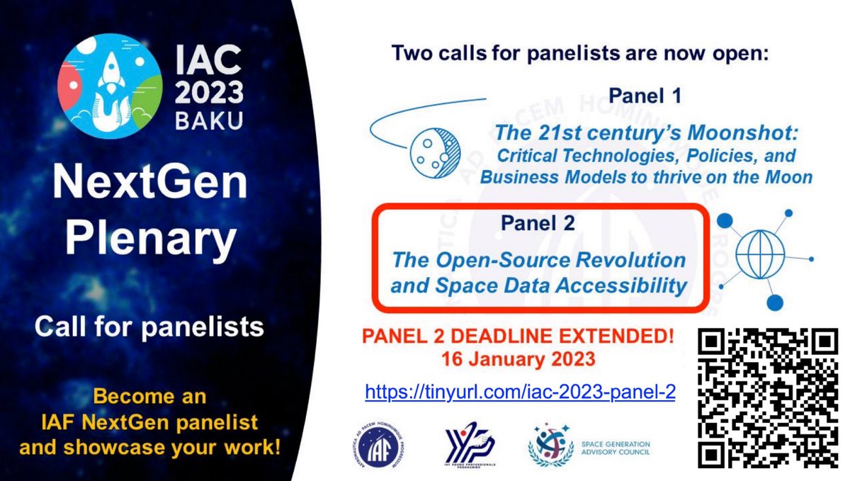 Deadline Extended to 16th January 2023
Apply to be part of one of the NextGen Plenary panels during the International Astronautical Congress (IAC) 2023, in Baku. 
Come and showcase your ideas and work in front of an audience of senior space leaders in government and academia!