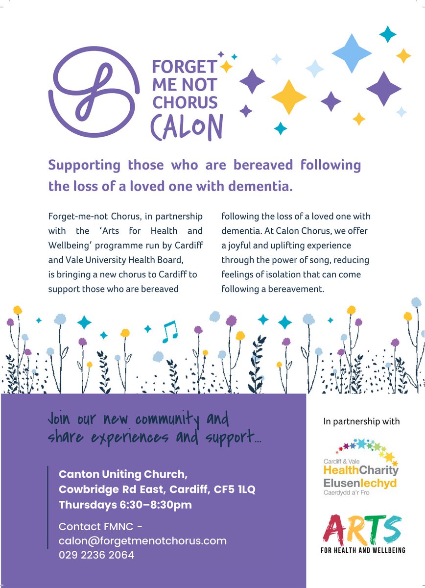 We are proud to collaborate with @FMNChorus to support those who are bereaved after having cared for a loved one with dementia through Calon Bereavement Chorus. For more information please visit: forgetmenotchorus.com/calon-bereavem…