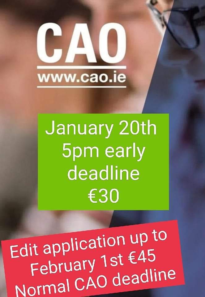 WexCBS's tweet photo. Reminder for all LC students.... 20th of January is the deadline for the Early Bird CAO Discount. #earlybird #CAO #makingfutureplans #thinkingahead https://t.co/LvBupYZ568