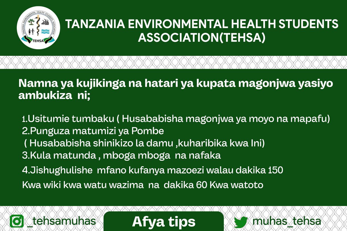 Yafahamu magonjwa yasiyo ambukiza #NCDs, maana yake, mifano yake na namna ya kujikinga na hatari ya kuyapata.

@wizara_afyatz @WHOAFRO @WHO
#mtuniafya #ncdsyouthchampions 🤝🏾