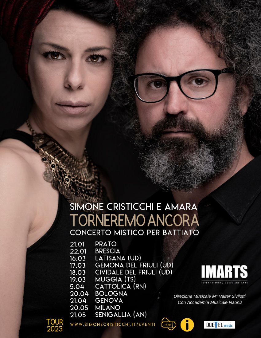 Di e con <a href="/scristicchi/">Simone Cristicchi</a> e <a href="/amaramusicoff/">Amara</a> TOUR 2023. "Torneremo ancora. Concerto mistico per Battiato". 

🎟 Info &amp; Biglietti  simonecristicchi.it/eventie negli eventi Facebook 

#torneremoancora #concertomisticoperbattiato #francobattiato