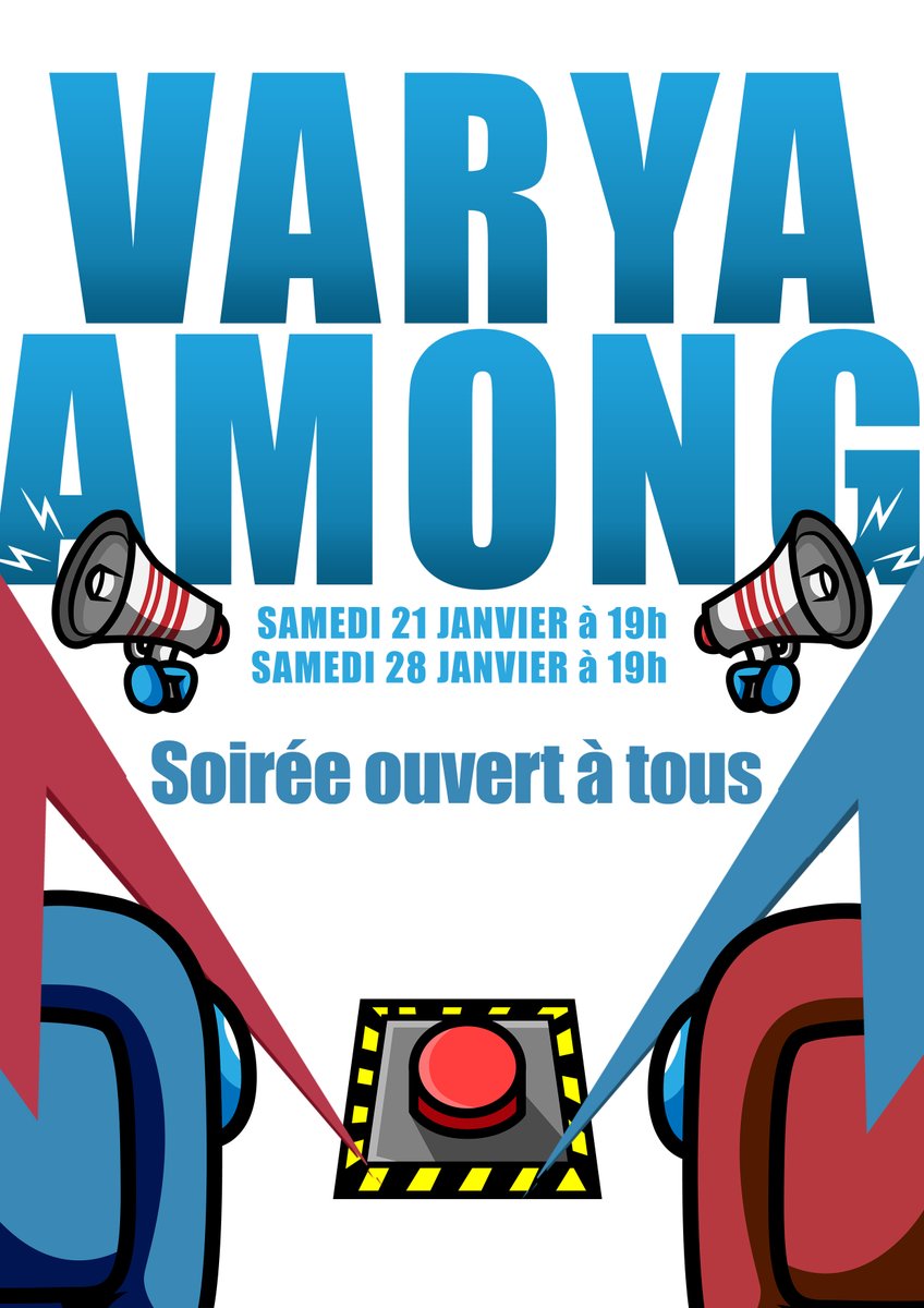 bonjour, on reprend les soirées pour 2 semaines pour un Among Us ouvert à tous !

Les dates sont sur l'affiche !

Bon week-end à tous.