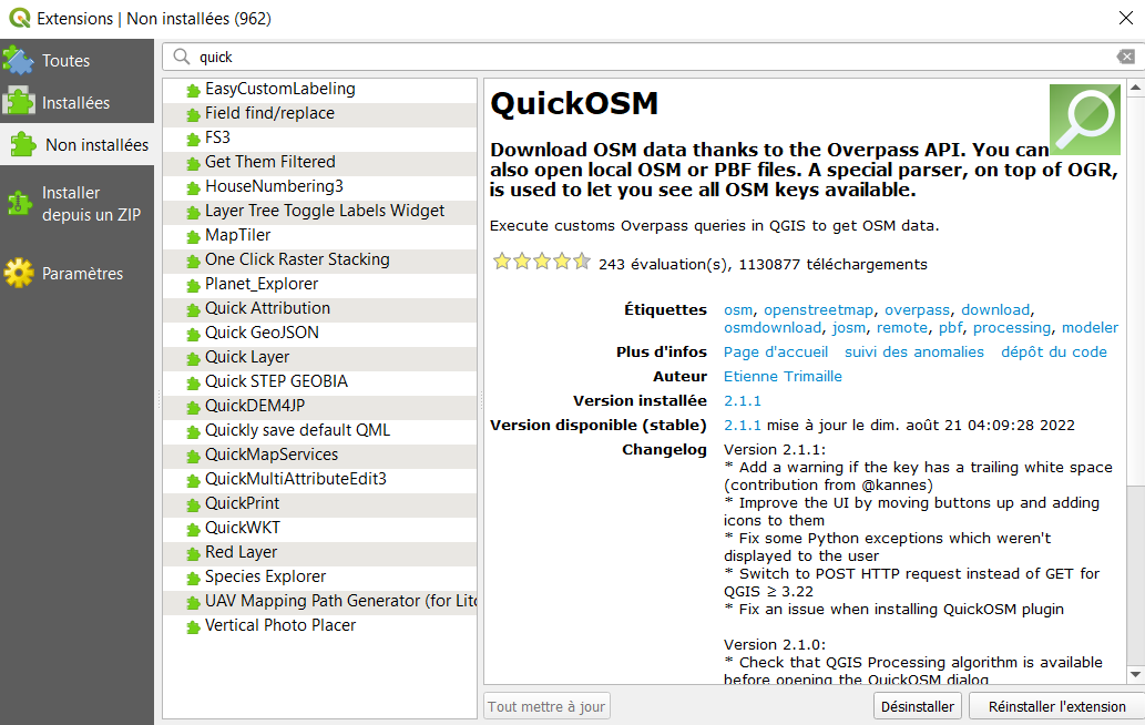 Etape 1 : installation de QuickOSM dans les extensions de QGIS