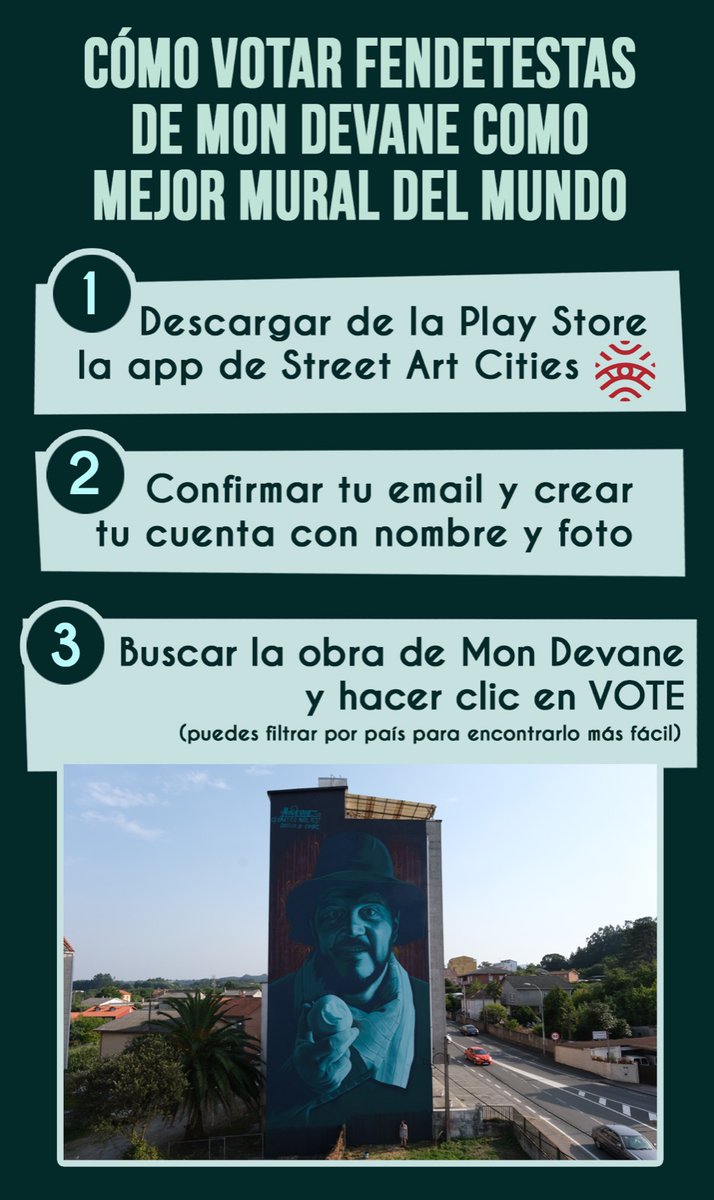 Hace unos días mi mural "Fendetestas" estaba en el Top 10 más votado de los 100 mejores murales del mundo seleccionados por la plataforma Street Art Cities gracias al apoyo que le estáis dando.

La carrera sigue!

Un RT para apoyar y difundir? 😝🔀