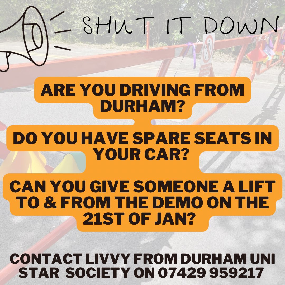 Are you driving from Durham to the demo next Saturday? 

If so, do you have space in your car to give someone a lift? 

It would be great to get as many people there as possible! ✊🧡

#Hassockfield #Derwentside #ImmigrationRemovalCentre #NoToHassockfield #ShutItDown #SetHerFree