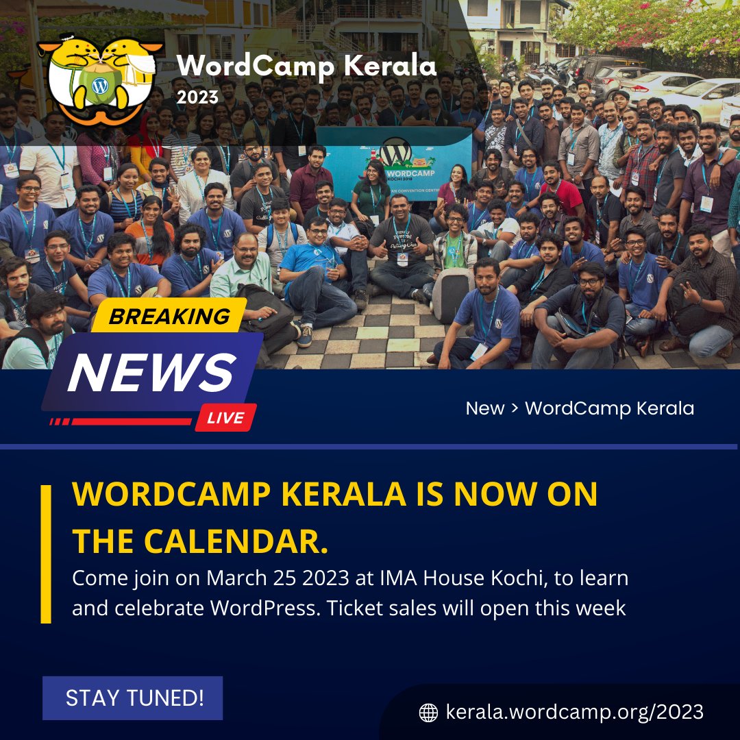 WordCamp_Kerala's tweet photo. Hello... WordPress lovers 👋, We are excited to announce WordCamp Kerala 2023 - a technology conference celebrating WordPress.

Come join us on March 25, 2023, at IMA House, Kochi.

More details to be announced soon. Stay tuned! 🥳
🔗 https://t.co/RyBxJkJhTZ

#wordpress #wordcamp https://t.co/m1LB95vzEF