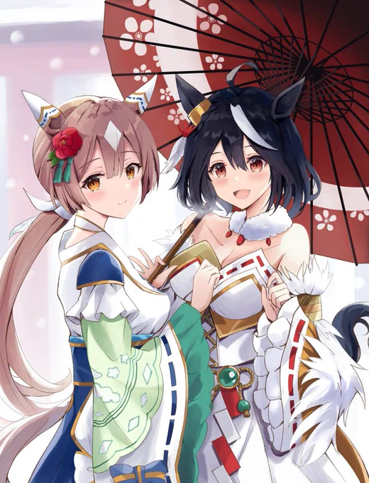一緒に初詣に行くキタサトで描き初め遅くなりましたが2023年もよろしくお願いします#ウマ娘 