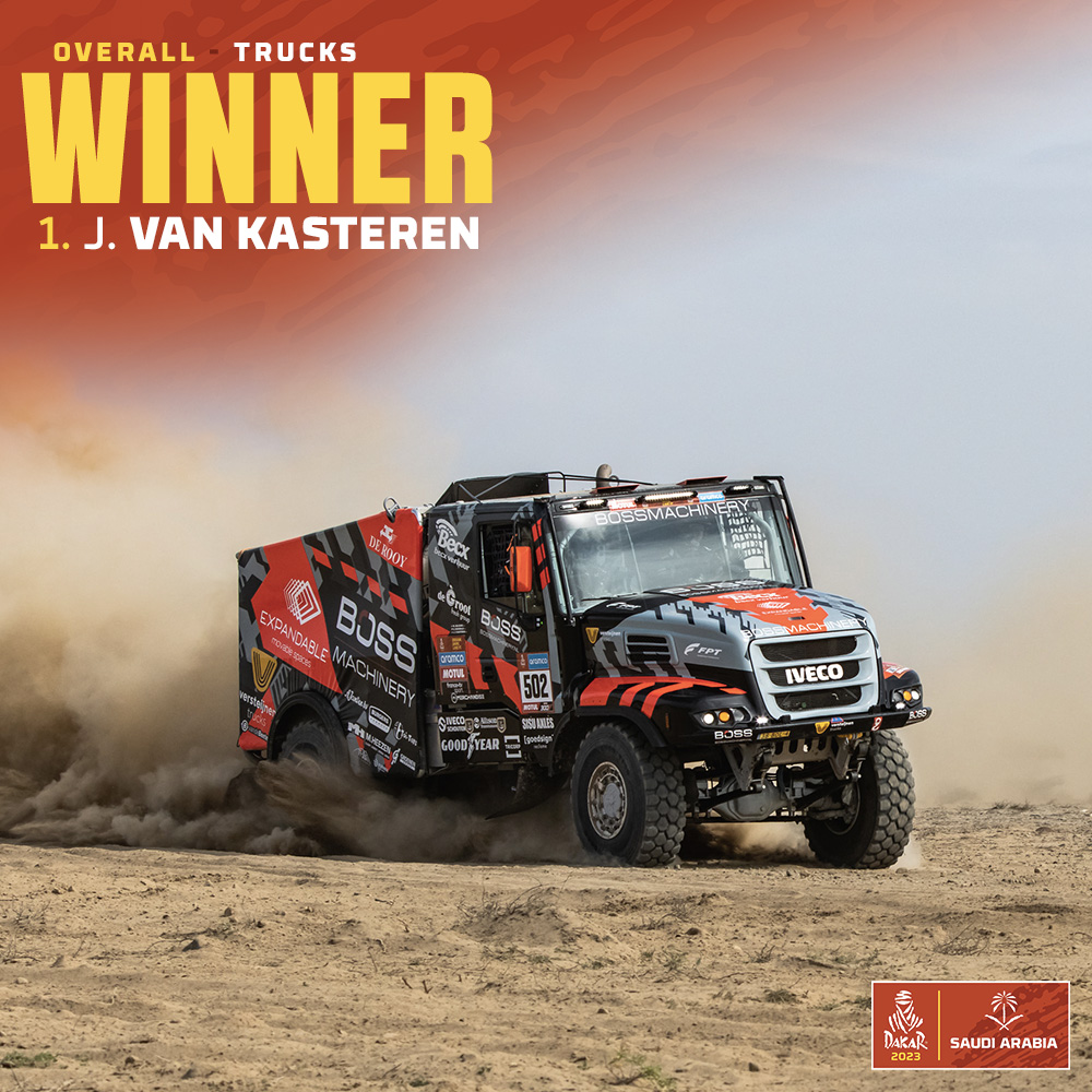 🚚 Victory for Janus Van Kasteren! 🏆

With a lead of over an hour over his runner-up, Janus Van Kasteren only had to reach the finish safely to win the #Dakar2023. The Dutchman and his Iveco truck add their name to the Dakar prize list. 👏