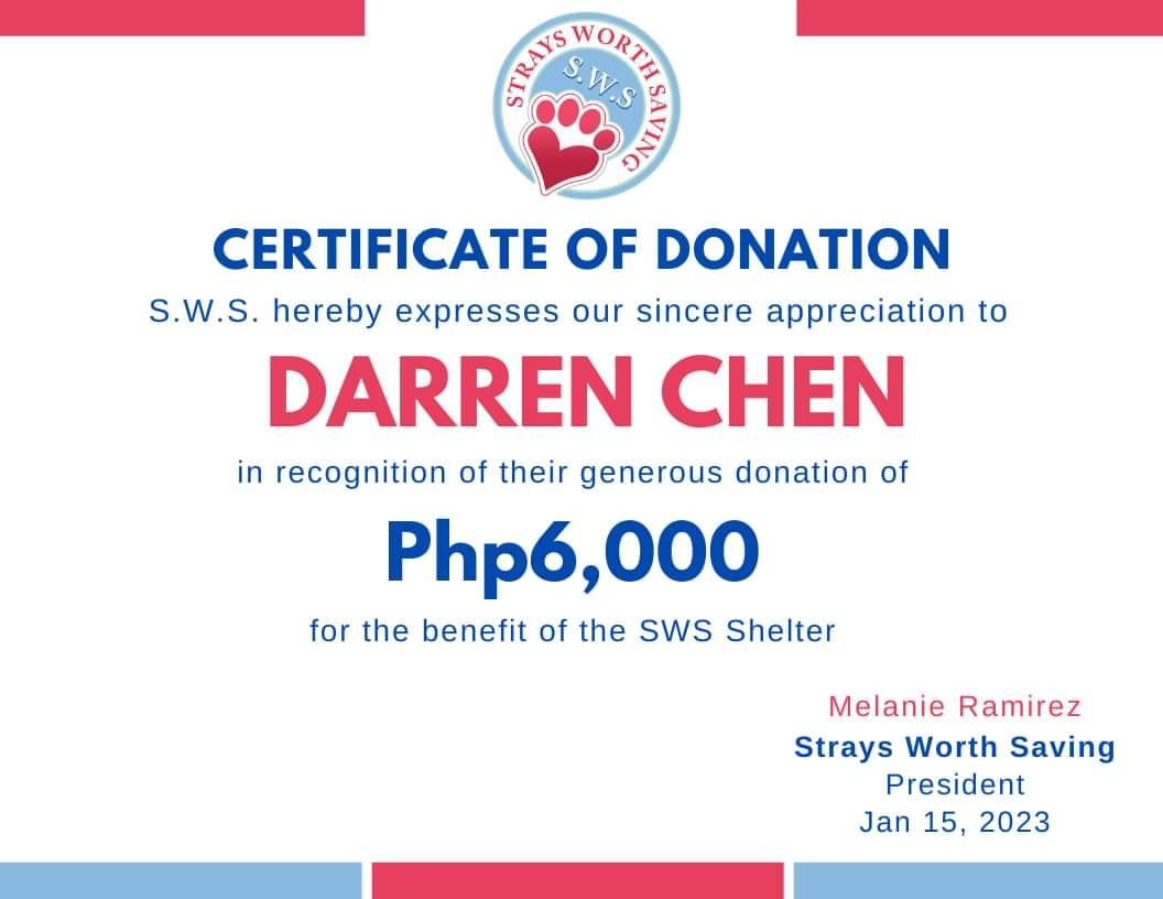 darrenchenHQ's tweet photo. [CHARITY WORK]

We have made a cash donation to Strays Worth Saving, a non-profit organization that rescues stray animals, on behalf of #DarrenChen.

Thank you to everyone who donated! 

#guanhong #kuanhung #官鸿 https://t.co/jqF18My9NX