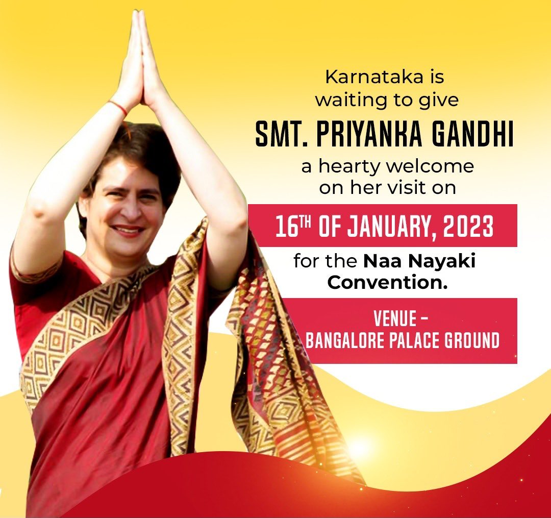 KeralaWithRG's tweet photo. AICC General Secretary Smt @priyankagandhi ji will address 'Na Nayaki Convention' tomorrow at 12 PM at Bangalore Palace Ground.

Join and watch the convention LIVE across all @INCIndia SM Platforms.
@INCKarnataka 
Many Thanks https://t.co/zZaaAyz1vf
