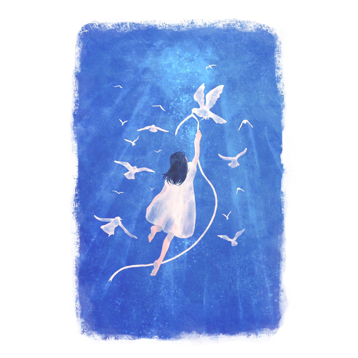 1girl arm up barefoot bird black hair blue theme dress  illustration images