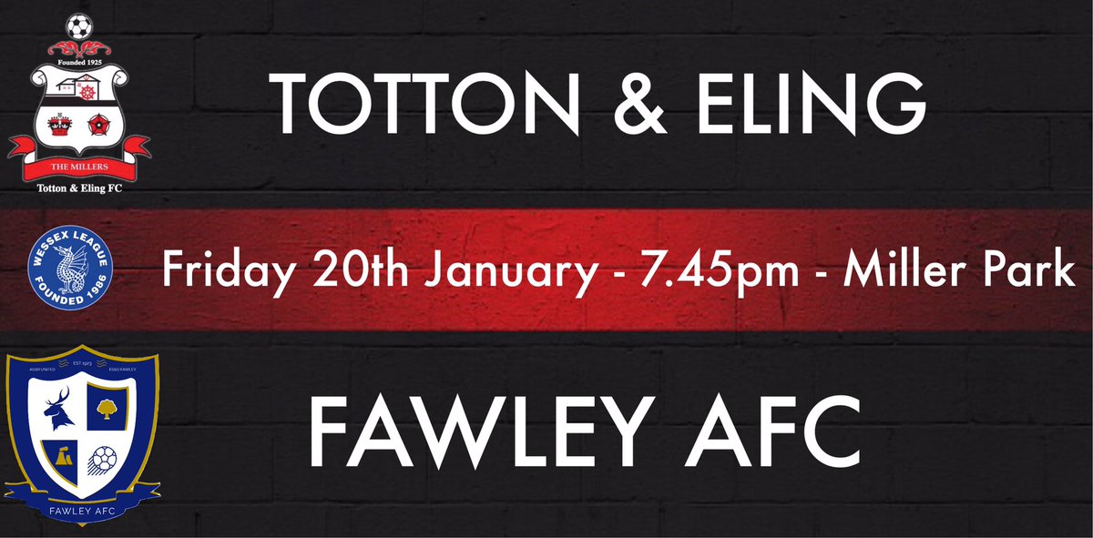 UP NEXT 🖤❤️

If the weather is kind to us, we’ll have some #FridayNightFootball at Miller Park this week. 

It’s @fawleyafc who will be making the short trip to us.

Come & support 2 local non-league clubs battling it out for 3 points! #UpTheMillers @swsportsnews @WessexLeague