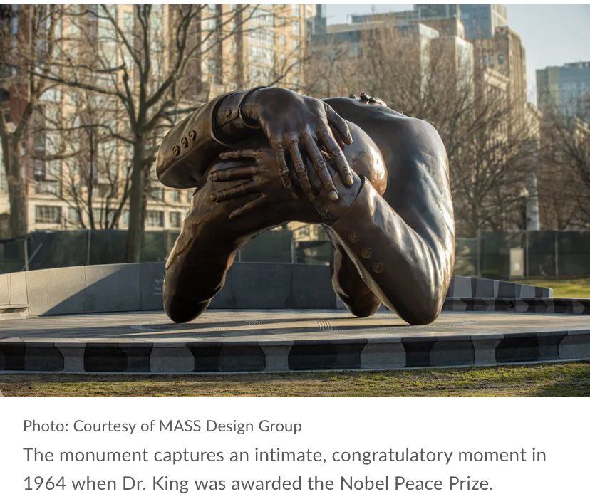 monicesharde's tweet photo. Black ppl do no protesting about shyt like this. A ridiculously large sculpture that is so ambiguous, it needs an explanation and back story every time someone looks at it. “Embrace” is nonsense and needs to be taken down. Where is BLM and the outrage?? #mlksculpture https://t.co/Qt4r5O8Qdz