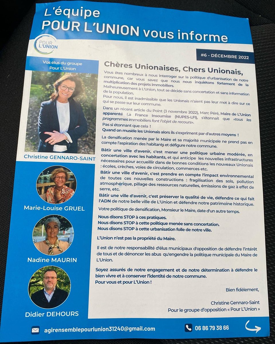 CgennaroSaint's tweet photo. 1/2 [L’Union] - Urbanisme 

Ne croyez pas nous endormir Monsieur le Maire !

Quel toupet ! Comment le Maire de L’Union tente de se racheter une conduite par une interview dans la presse locale.
Les Unionais ne sont pas dupes. 
@ladepechedumidi 
@ladepeche31 https://t.co/dVoWLIgQTk