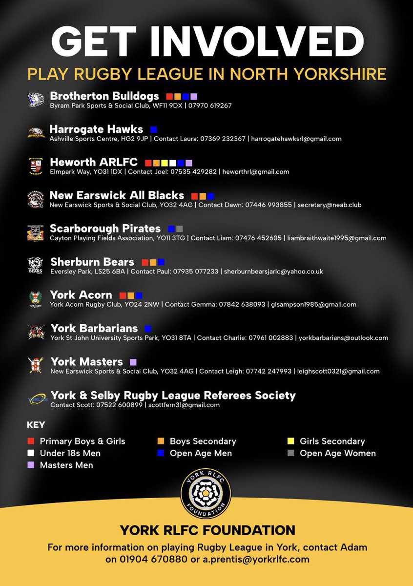 Get involved with Community 𝗥𝘂𝗴𝗯𝘆 𝗟𝗲𝗮𝗴𝘂𝗲 𝗶𝗻 𝗡𝗼𝗿𝘁𝗵 𝗬𝗼𝗿𝗸𝘀𝗵𝗶𝗿𝗲!🏵️ Many of the clubs below👇 are starting to return to pre-season training, so why not get in touch to find out your options?! Contact a.prentis@yorkrlfc.com or call 01904 670 880 ⚔️