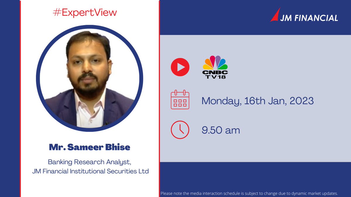 JMFL_group's tweet photo. Do watch Mr. Sameer Bhise, Banking Research Analyst, #JMFinancial Institutional Securities Ltd. on #cnbctv18 show ‘Bazaar Corporate Radar’ tomorrow, 16th Jan '23 at 9.50 am as he speaks on #NBFCsector and more.
Anchored by Sonia Shenoy, Prashant Nair & Nigel Dsouza. https://t.co/NxKn9ZDv4a