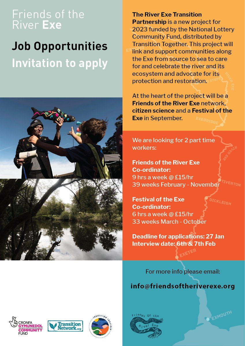 The 💙River Exe Transition Partnership💙 is a new project for 2023 - with some paid job opportunities (see attached). For more info email info@friendsoftheriverexe.org @TransitionTog @transitiontowns @exetidelines1  #FriendsOfTheRiverExe #FestivalOfTheExe🐟🦦🦆🛶🏊👙🩲🧪🗒️🫂