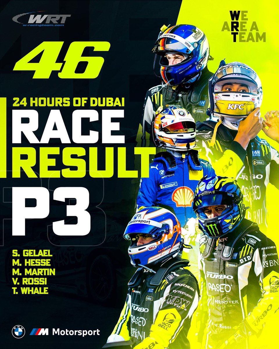 followWRT's tweet photo. Team WRT claims phenomenal victory at the 24 Hours of Dubai, and scores a double podium on their debut with BMW 🏆🍾🏁

#WRT #24HDubai #24HSeries #bmwm4gt3 https://t.co/qwfo9HJk3g