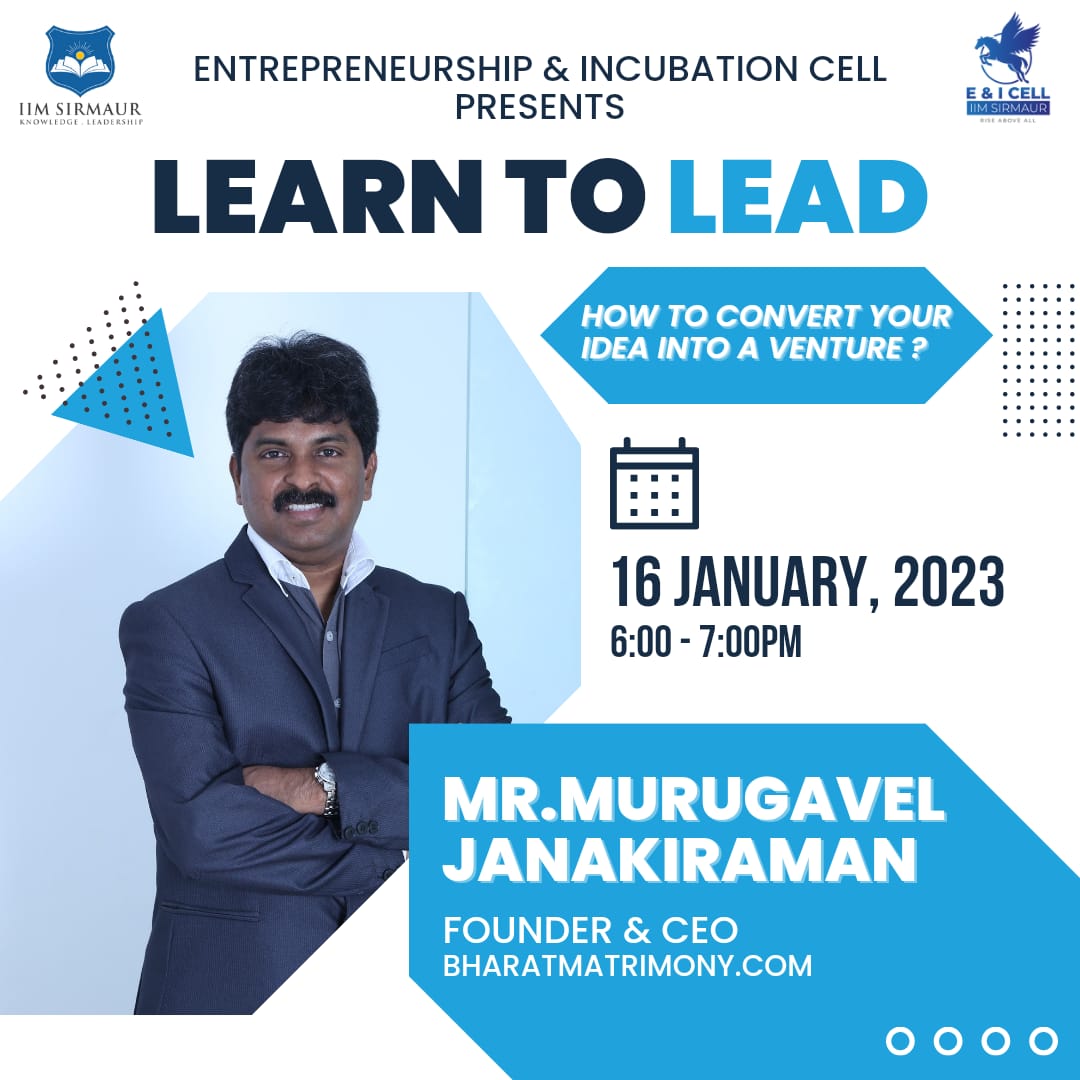 matrimony's tweet photo. Our CEO Mr Murugavel Janakiraman will be speaking on "How to convert your ideas into a venture" at @IIM_Sirmaur tomorrow ( January 16, 2023)
#ceo #ideas #entrepreneurship #matrimony #startups #WedTech https://t.co/S0OblQz1xk