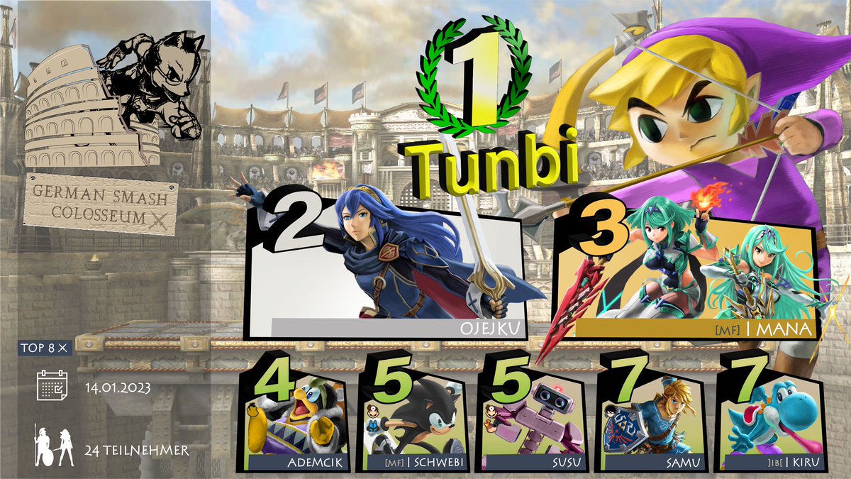 Die Top 8 des 8ten GSC Weekly's ⚔️  

Herzlichen Glückwunsch an <a href="/TunbiSSB/">Tunbi 👍</a> für den Sieg! 🏆