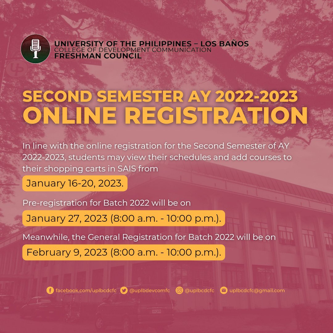 uplbdevcomfc's tweet photo. Hello, FSTs! 

Please take note of the following dates for the online registration in SAIS for the Second Semester of AY 2022-2023.

Manifesting that we will get our desired classes, FSTs! 🌻

#CDCFC22 https://t.co/WEAzuk4xkg