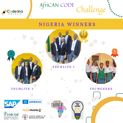 coderina's tweet image. Our ACC 2022 Nigeria Winners

Congratulations to 
TEAM TECHLITE 1
TEAM TECHLITE 2 &amp;amp;TECH GEEKS
Africa Code Week,  #AfriCANCodeChallenge,
#coderinaib
@sap4good @dowNewsroom @NigEducation  @FIRSTLEGOLeague @Coderina @Ford @firstweets @LEGOFoundation
#steam