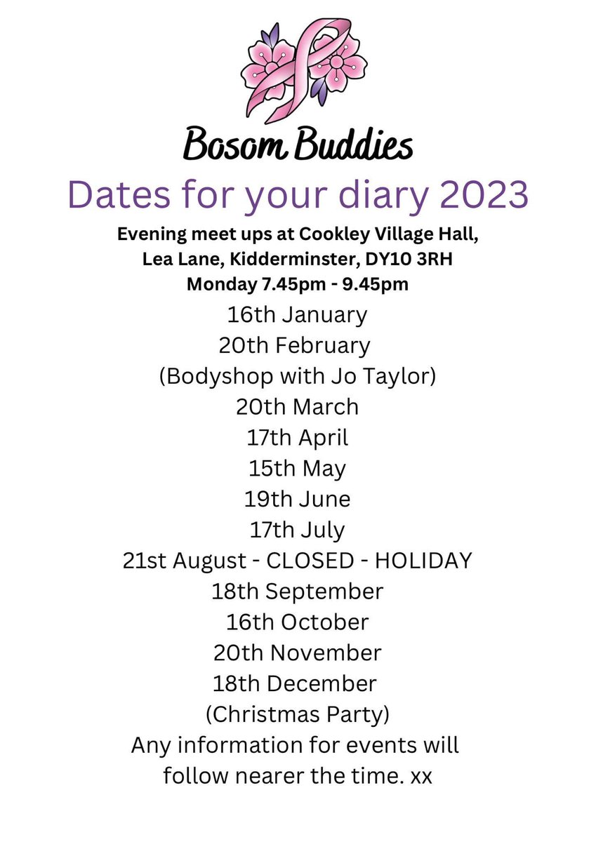 Bosom Buddies Breast Cancer Support Group (@bosombuddiesbcs) on Twitter photo Tomorrow night <a href="/BosomBuddiesBCS/">Bosom Buddies Breast Cancer Support Group</a> will be meeting for our first evening get together of 2023 βοΈ
Our support groups is open for ladies at any stage of their breast cancer diagnosis #WorcestershireHour Tomorrow night <a href="/BosomBuddiesBCS/">Bosom Buddies Breast Cancer Support Group</a> will be meeting for our first evening get together of 2023 βοΈ
Our support groups is open for ladies at any stage of their breast cancer diagnosis #WorcestershireHour