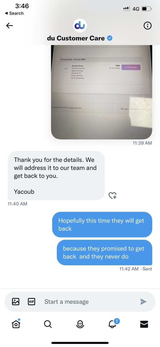 diala_a12's tweet photo. @dutweets @duCares Another disappointing experience with Du! Even being promised again that the concerned team will contact me to resolve issue!NOONE CALLS OR EVEN EMAILS! this has been since Dec! official complaint WILL BE before @tdrauae about the way Du treat their customers https://t.co/TiPvxNlock