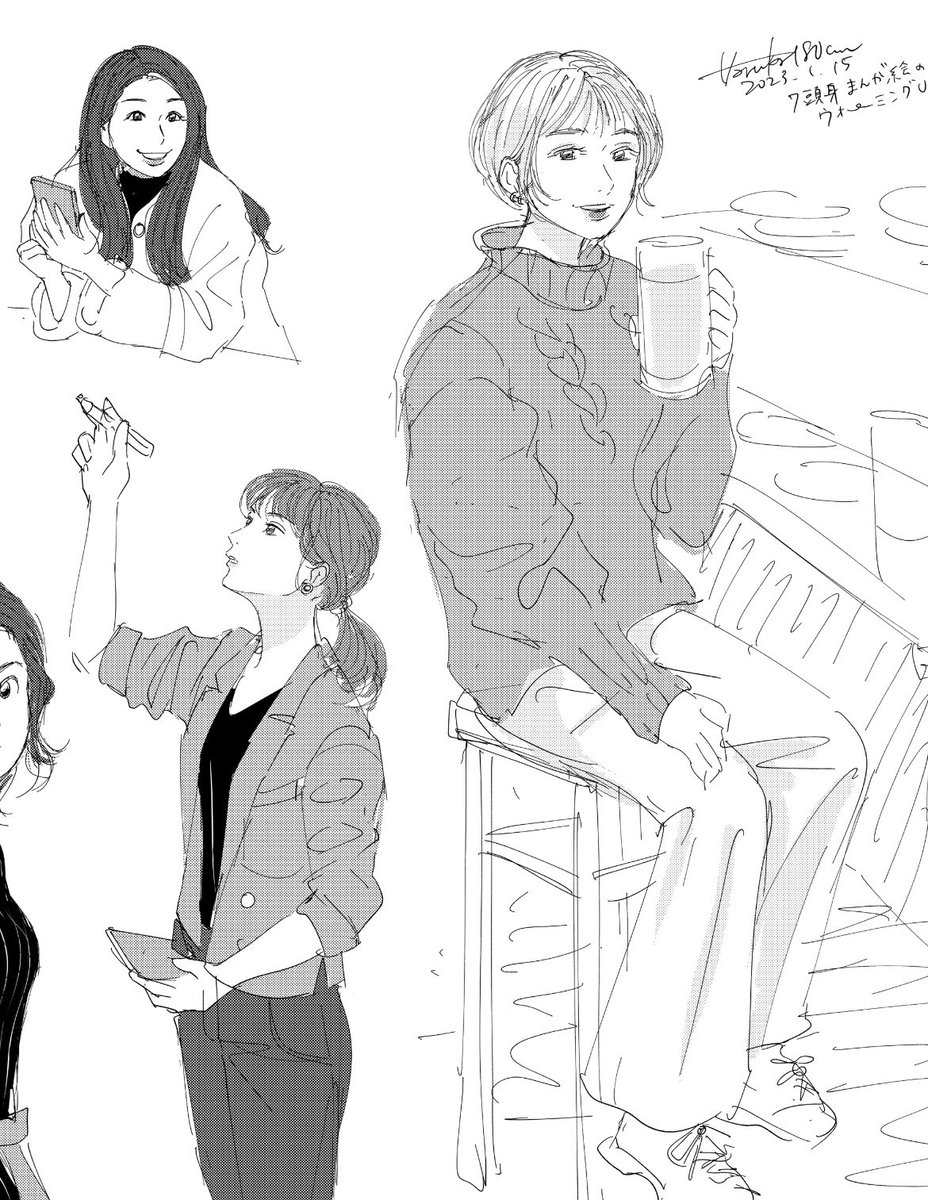 7頭身の漫画っぽい絵どんなだっけな〜？と思って、最近会った友達とかインスタとか見ながらウォーミングアップした

漫画風の絵かくの楽しい…(3年ぶり) https://t.co/Y19QHU67eF