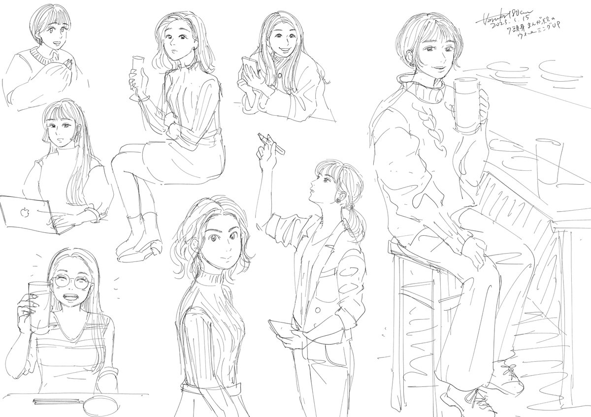 7頭身の漫画っぽい絵どんなだっけな〜？と思って、最近会った友達とかインスタとか見ながらウォーミングアップした

漫画風の絵かくの楽しい…(3年ぶり) https://t.co/Y19QHU67eF