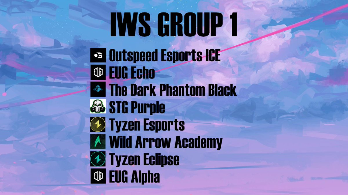 Here is our IWS Group 1 reveal.
- @OutSpeedEsports ICE
- <a href="/EUGORG/">Essence Unified Gaming</a> Echo
- The Dark Phantom Black
- STG Purple
- <a href="/TyzenEu/">Tyzen</a> 
- <a href="/WILDArrow_/">WILD Arrow Esports</a> Academy
- <a href="/TyzenEu/">Tyzen</a> Eclipse
- <a href="/EUGORG/">Essence Unified Gaming</a> Alpha

League play begins on Monday 23rd January. See you then.
