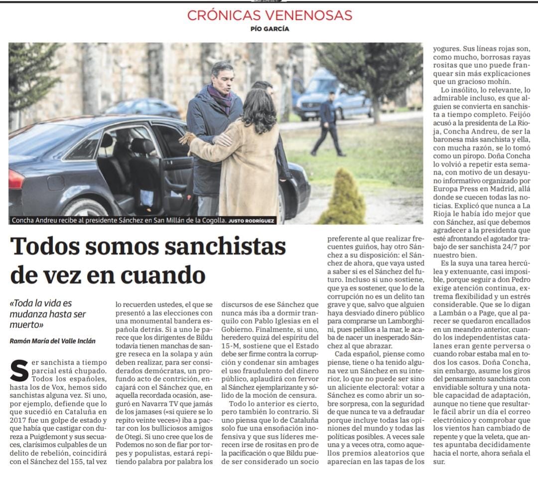 aalvaropalacios's tweet photo. Sublime, cualquier cosa que diga
no va a hacer mérito a la #cronicavenenosa de @PioGarcia70 hoy en Diario #LaRioja @lariojacom 

 Por cierto....  Yo también he sido sanchista https://t.co/e8DqF4wbni